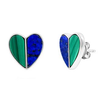 Nautica Rocks Sterling Silver Malachite and Lapis Heart Stud Earrings