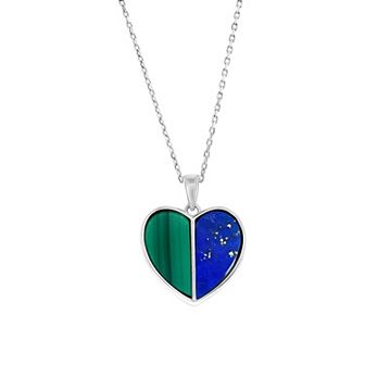 Nautica Rocks Sterling Silver Malachite and Lapis Heart Stud Pendant Necklace