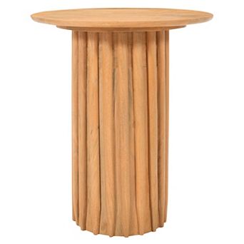 Sejo Side End Table, 20 Inch Round Top With Fluted Base In Natural Brown Mango Wood