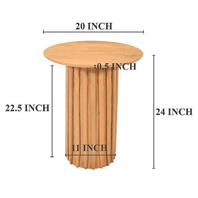 Sejo Side End Table, 20 Inch Round Top With Fluted Base In Natural Brown Mango Wood
