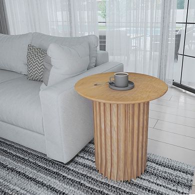 Sejo Side End Table, 20 Inch Round Top With Fluted Base In Natural Brown Mango Wood