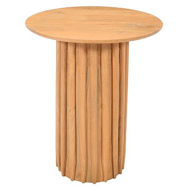 Sejo Side End Table, 20 Inch Round Top With Fluted Base In Natural Brown Mango Wood