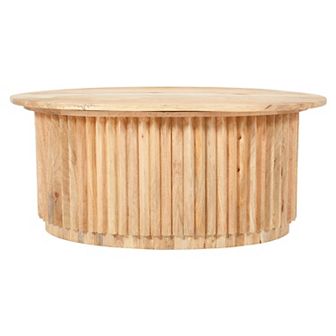 Muna Coffee Table, 36 Inch Oval Top, Handcrafted Mango Wood, Reeded Base With Hidden Storage, Brown