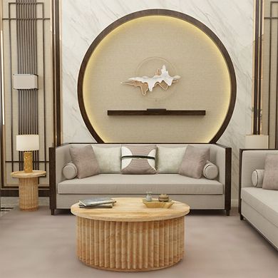 Muna Coffee Table, 36 Inch Oval Top, Handcrafted Mango Wood, Reeded Base With Hidden Storage, Brown