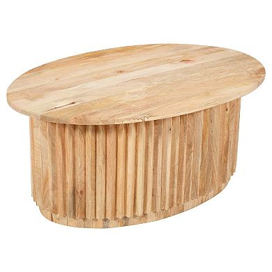 Muna Coffee Table, 36 Inch Oval Top, Handcrafted Mango Wood, Reeded Base With Hidden Storage, Brown