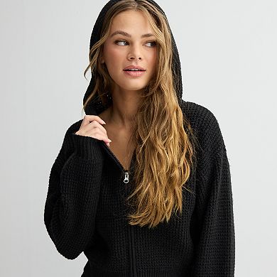 Juniors' Sugar Moon Waffle Zip-Up Cropped Sweater Hoodie