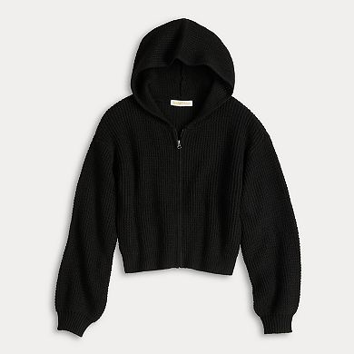 Juniors' Sugar Moon Waffle Zip-Up Cropped Sweater Hoodie