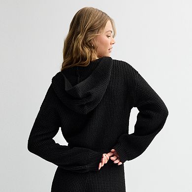 Juniors' Sugar Moon Waffle Zip-Up Cropped Sweater Hoodie