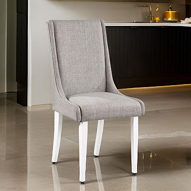 Joyce 25 Inch Side Dining Chair Set Of 2, Wingback, Gray Linen, White Wood