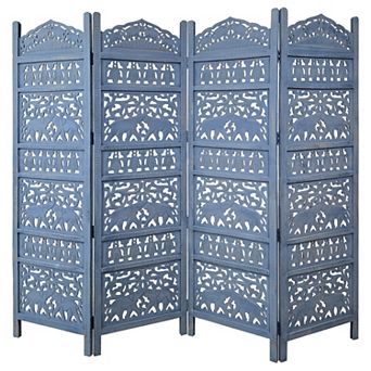 Jumbo 4 Panel Folding Room Divider Screen, Antique Blue Mango Wood, Elephant Motif Carved Design