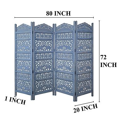 Jumbo 4 Panel Folding Room Divider Screen, Antique Blue Mango Wood, Elephant Motif Carved Design