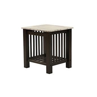 Moen 21 Inch Side End Table, White Faux Marble, Bottom Shelf, Black Wood