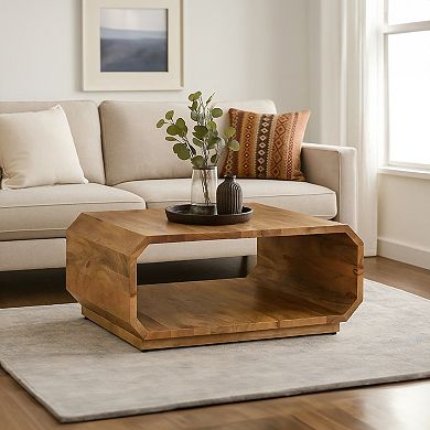 30 Inch Coffee Table, Handcrafted Hollow Cube Shape, Natural Brown Mango Wood