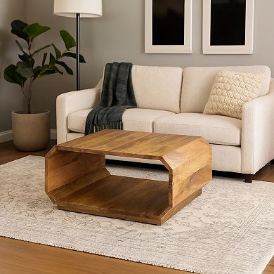 30 Inch Coffee Table, Handcrafted Hollow Cube Shape, Natural Brown Mango Wood