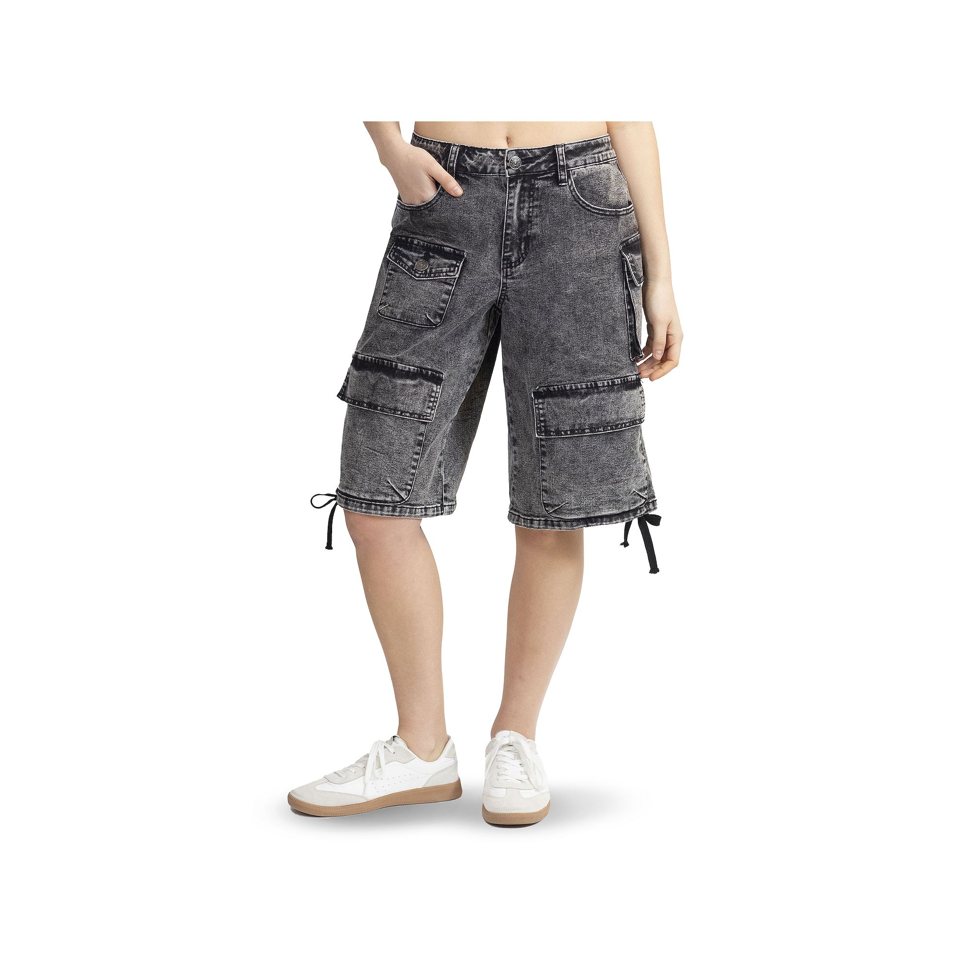 Juniors Almost Famous Loose Fit Drawstring Hem Denim Utility Bermuda Short