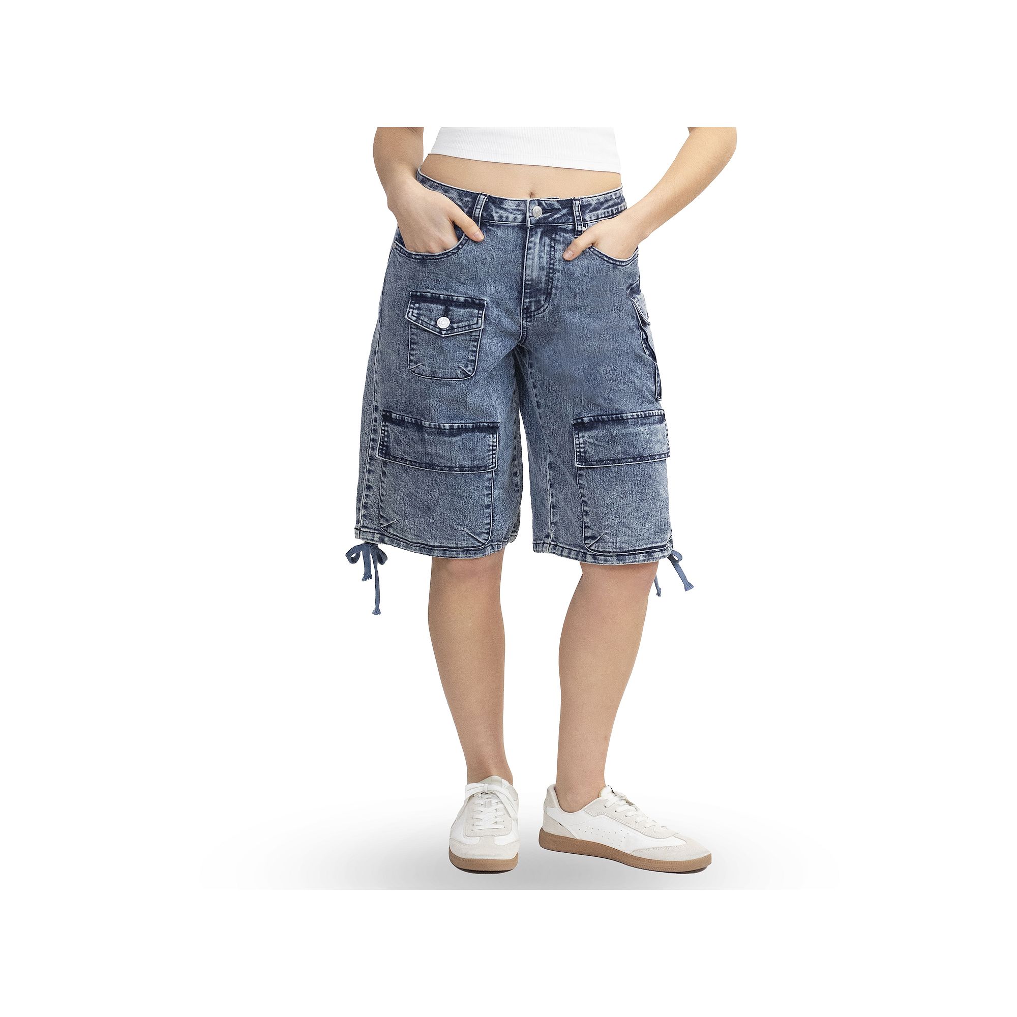 Juniors Almost Famous Loose Fit Drawstring Hem Denim Utility Bermuda Short