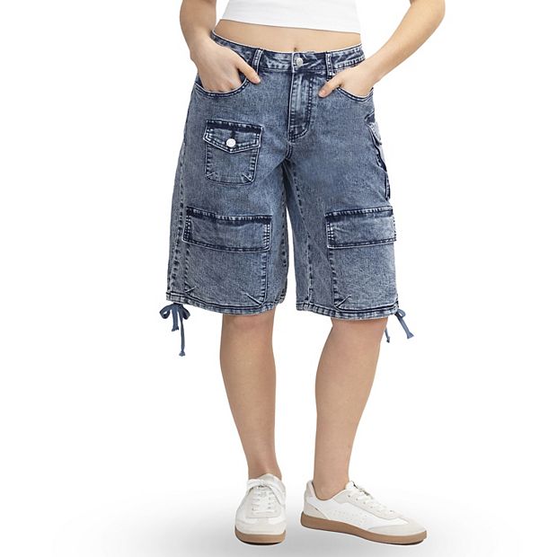 【KOOLOSET】Side Tuck Bermuda Denim XUETON Bermuda Shorts for Women Knee Length High Waisted