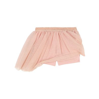 Toddler Girl Kids Headquarters Ruffle Sleeve Striped Rainbow Tee & Gold Speckle Tulle Skort with Headband