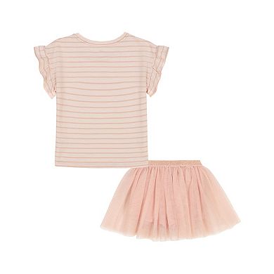 Toddler Girl Kids Headquarters Ruffle Sleeve Striped Rainbow Tee & Gold Speckle Tulle Skort with Headband
