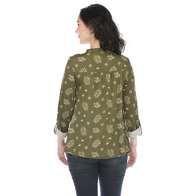 Pleated Long Sleeve Leaf Print Blouse