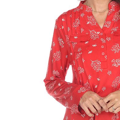 Pleated Long Sleeve Leaf Print Blouse