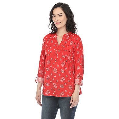 Pleated Long Sleeve Leaf Print Blouse