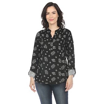 Pleated Long Sleeve Leaf Print Blouse