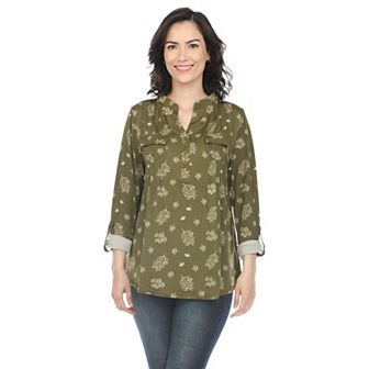 Pleated Long Sleeve Leaf Print Blouse