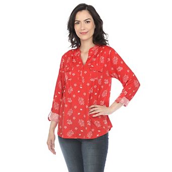 Pleated Long Sleeve Leaf Print Blouse