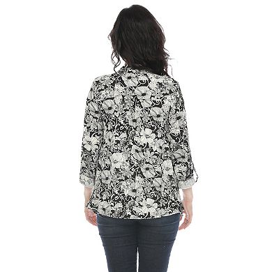 Pleated Long Sleeve Floral Print Blouse