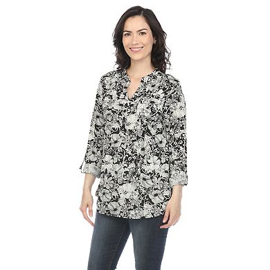 Pleated Long Sleeve Floral Print Blouse