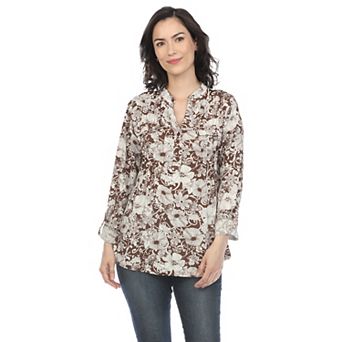 Pleated Long Sleeve Floral Print Blouse