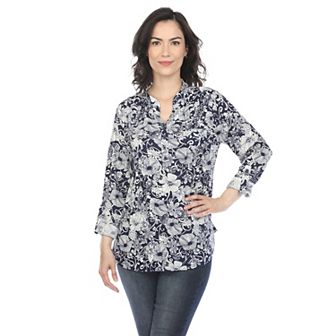 Pleated Long Sleeve Floral Print Blouse