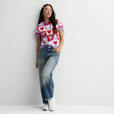 Juniors' FOREVER & EVER Short Sleeve Checkerboard Hearts Crewneck Pullover