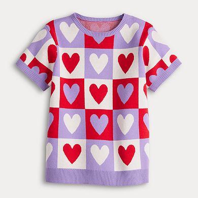 Juniors' FOREVER & EVER Short Sleeve Checkerboard Hearts Crewneck Pullover