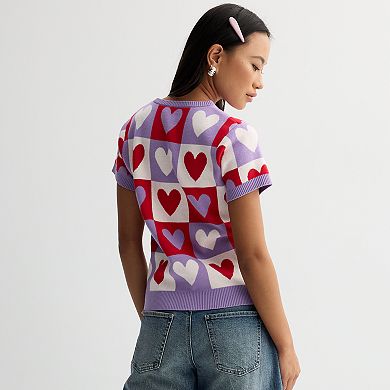 Juniors' FOREVER & EVER Short Sleeve Checkerboard Hearts Crewneck Pullover