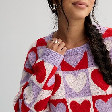 Juniors' FOREVER & EVER Long Sleeve Crewneck Checkered Hearts Pullover