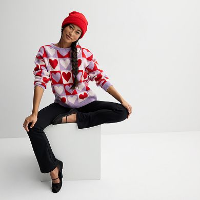 Juniors' FOREVER & EVER Long Sleeve Crewneck Checkered Hearts Pullover