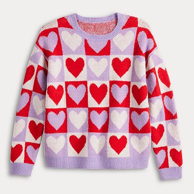 Juniors' FOREVER & EVER Long Sleeve Crewneck Checkered Hearts Pullover