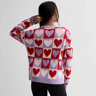 Juniors' FOREVER & EVER Long Sleeve Crewneck Checkered Hearts Pullover