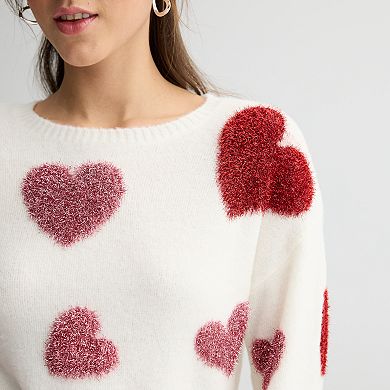 Juniors' FOREVER & EVER Long Sleeve Tinsel Hearts Crewneck Pullover