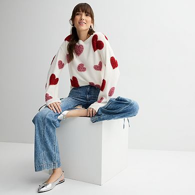 Juniors' FOREVER & EVER Long Sleeve Tinsel Hearts Crewneck Pullover