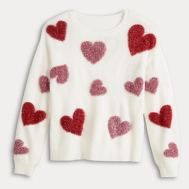 Juniors' FOREVER & EVER Long Sleeve Tinsel Hearts Crewneck Pullover