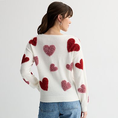Juniors' FOREVER & EVER Long Sleeve Tinsel Hearts Crewneck Pullover