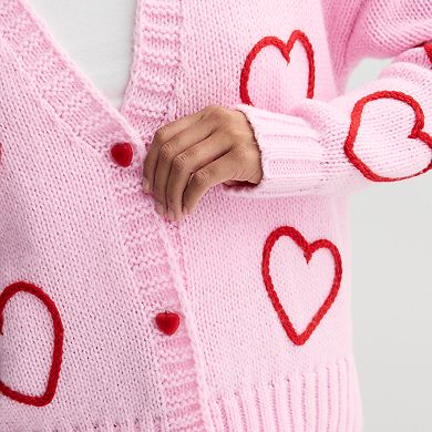 Juniors' FOREVER & EVER 3D Heart Buttons Cardigan