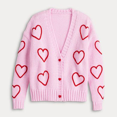 Juniors' FOREVER & EVER 3D Heart Buttons Cardigan