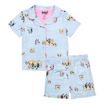 Toddler Girl Bluey 2 pc Pool Day Short Sleeve Button-Down Pajama Top & Pajama Shorts Set