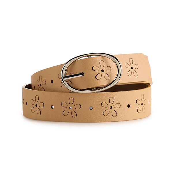 Women's madden girl Reversible Floral Cut-Out Belt - Tan Brown (S)