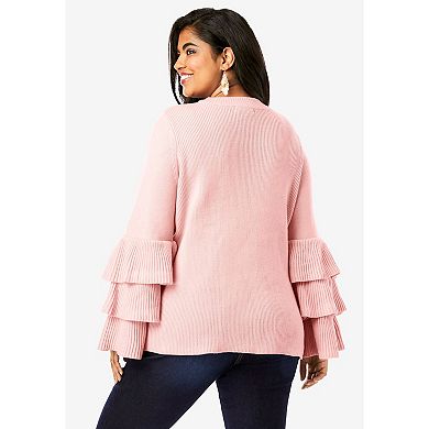 Roaman's Women's Plus Size Tiered-sleeve Sweater
