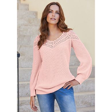 Roaman's Women's Plus Size Sweetheart Crochet Pullover Sweater